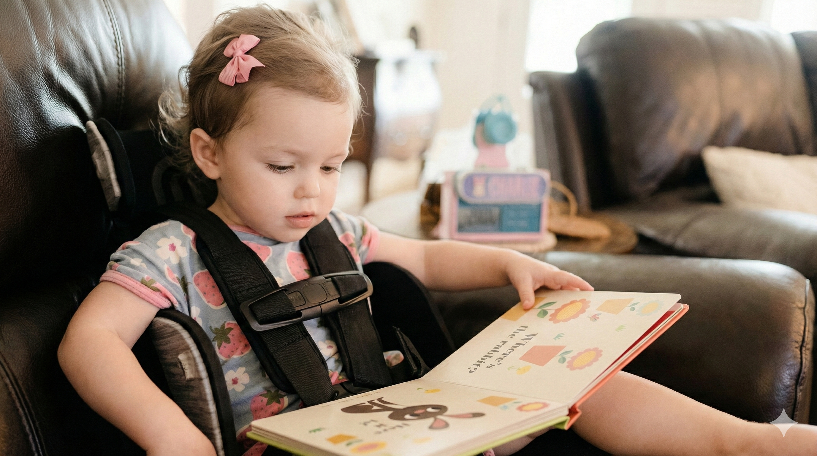 Child in a chair with testa-seat reading a book in a living room setting