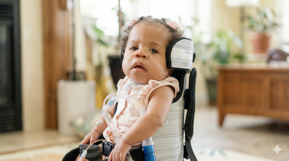 Baby in a testa seat on the floor with head rest in a home setting